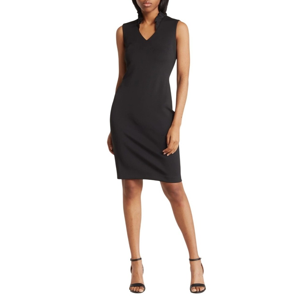 Calvin Klein Black Ruffle Neck V-Back Sheath Dress Gold Zipper Size 6